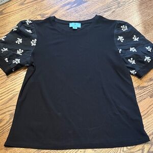 CeCe Black Top with Floral Sleeves